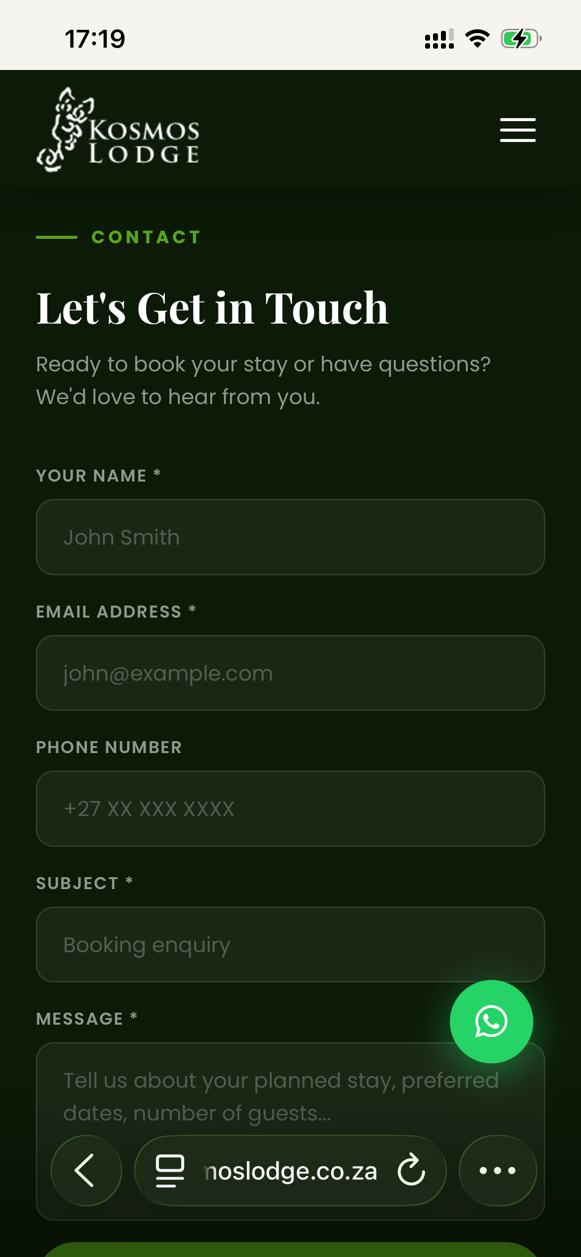 Contact form — mobile view