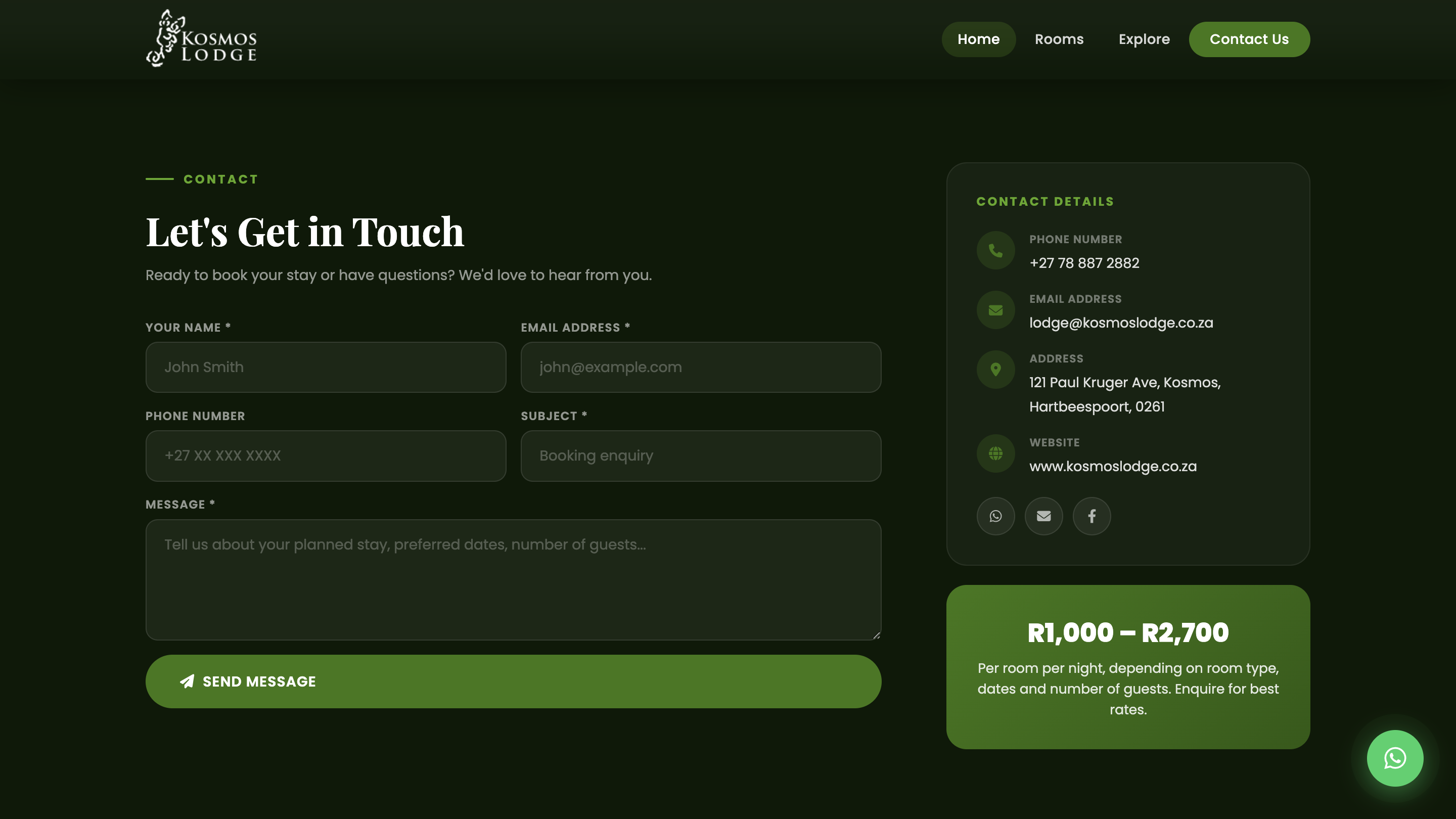 Kosmos Lodge contact page with booking form and pricing