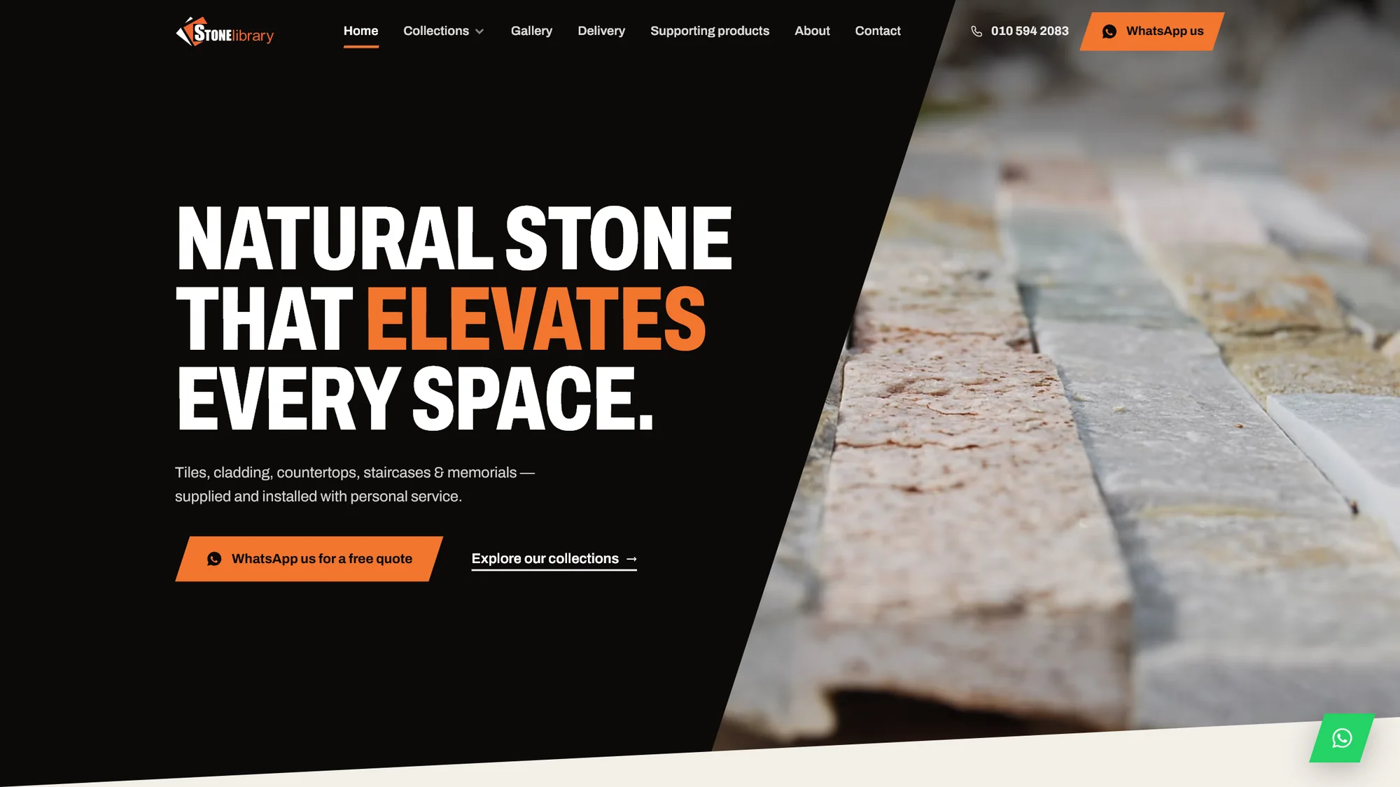Stone Library website by Clevex: Stone Library homepage: “Natural stone that elevates every space” on black, cut on a slant against a close-up of stone cladding