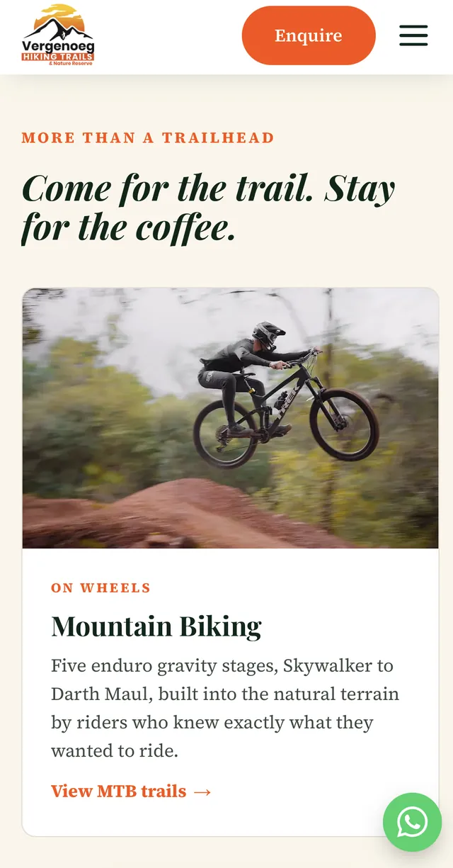 Mountain-biking card on the Vergenoeg homepage, on a phone