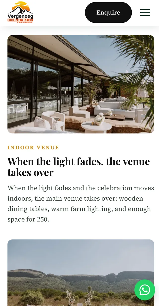 Eindelik indoor venue section on the weddings page, on a phone