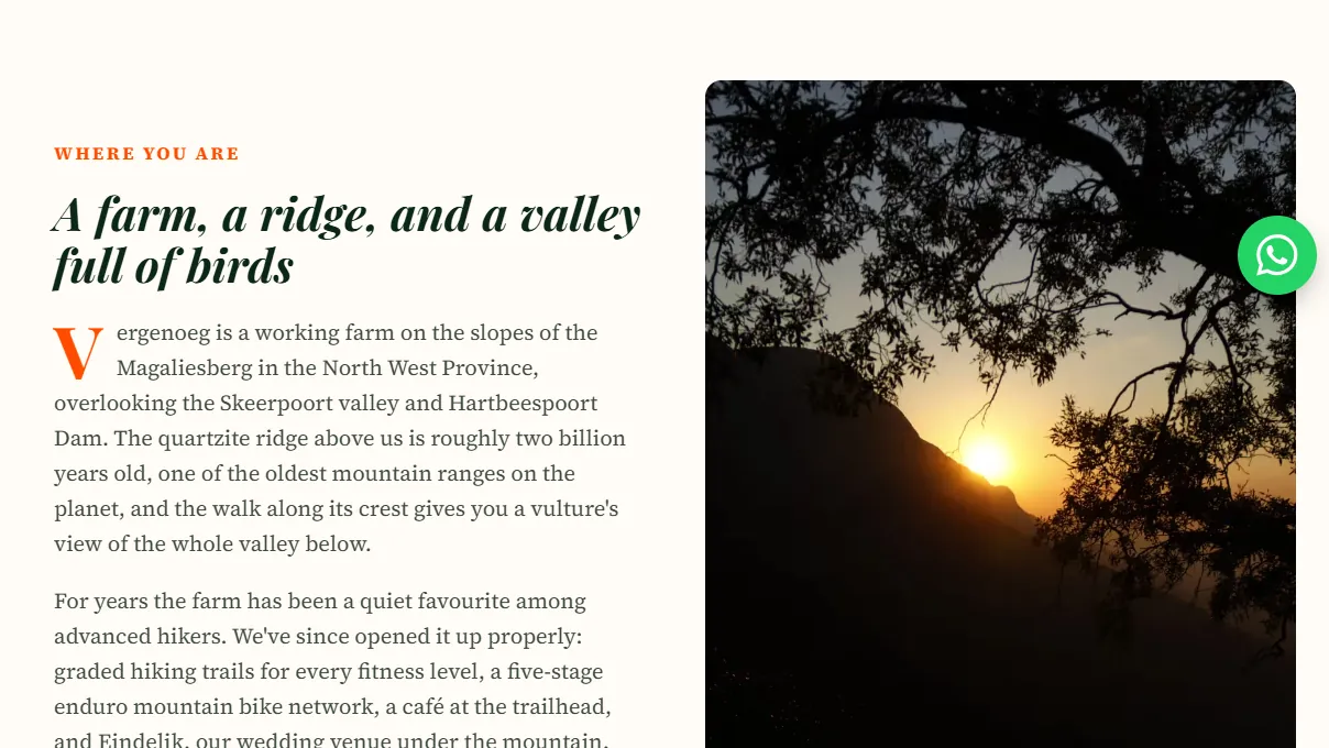 About page — “A farm, a ridge, and a valley full of birds” beside a sunset over the ridge