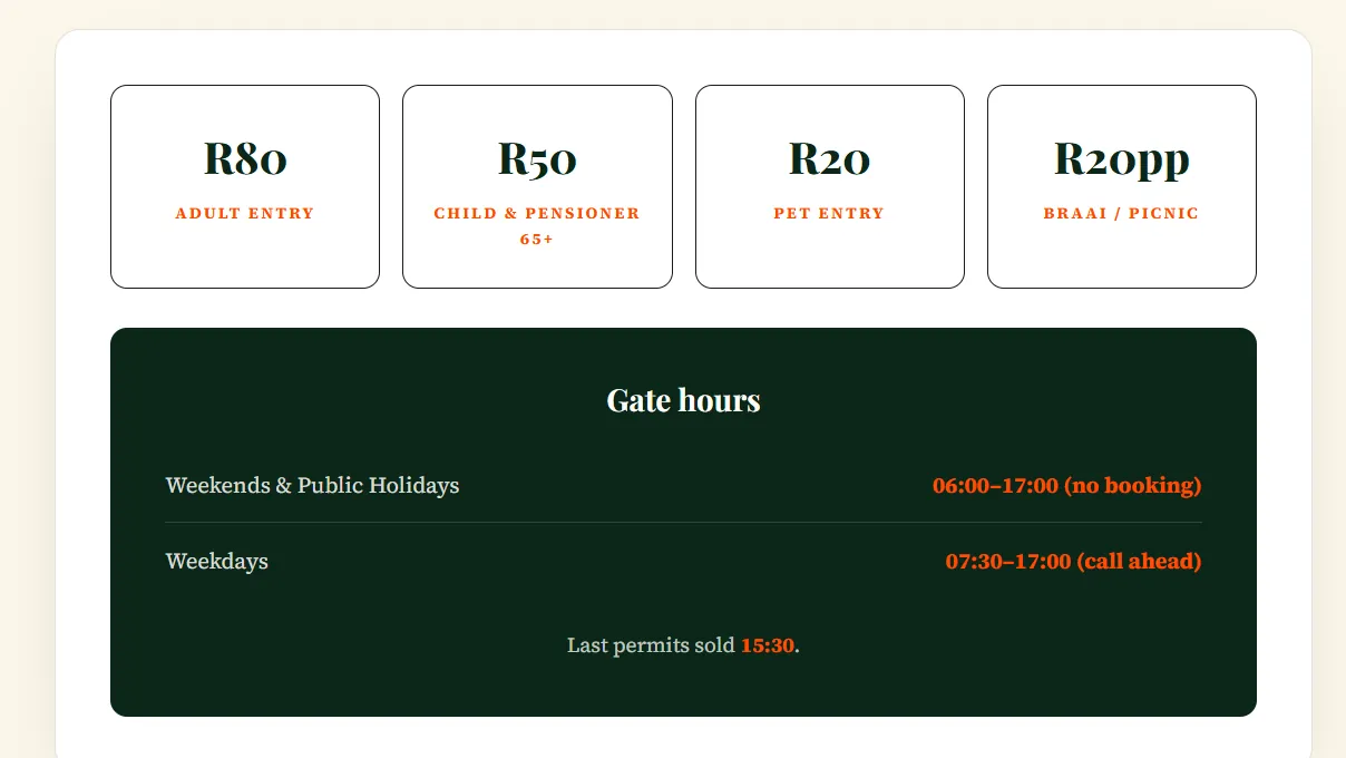Entry fees and gate hours on the homepage
