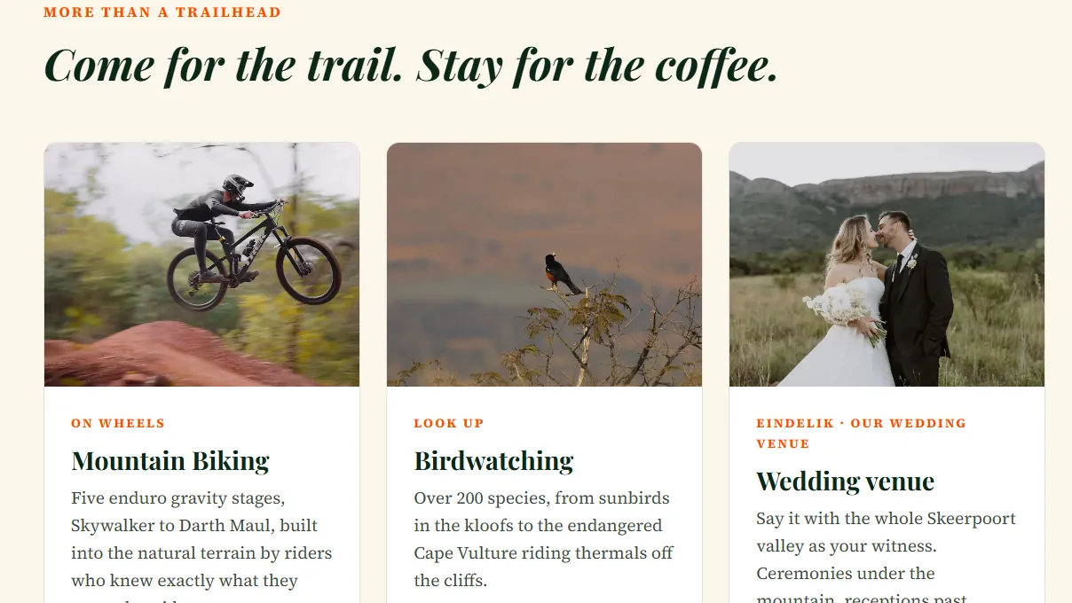 Mountain biking, birdwatching and wedding venue cards on the homepage
