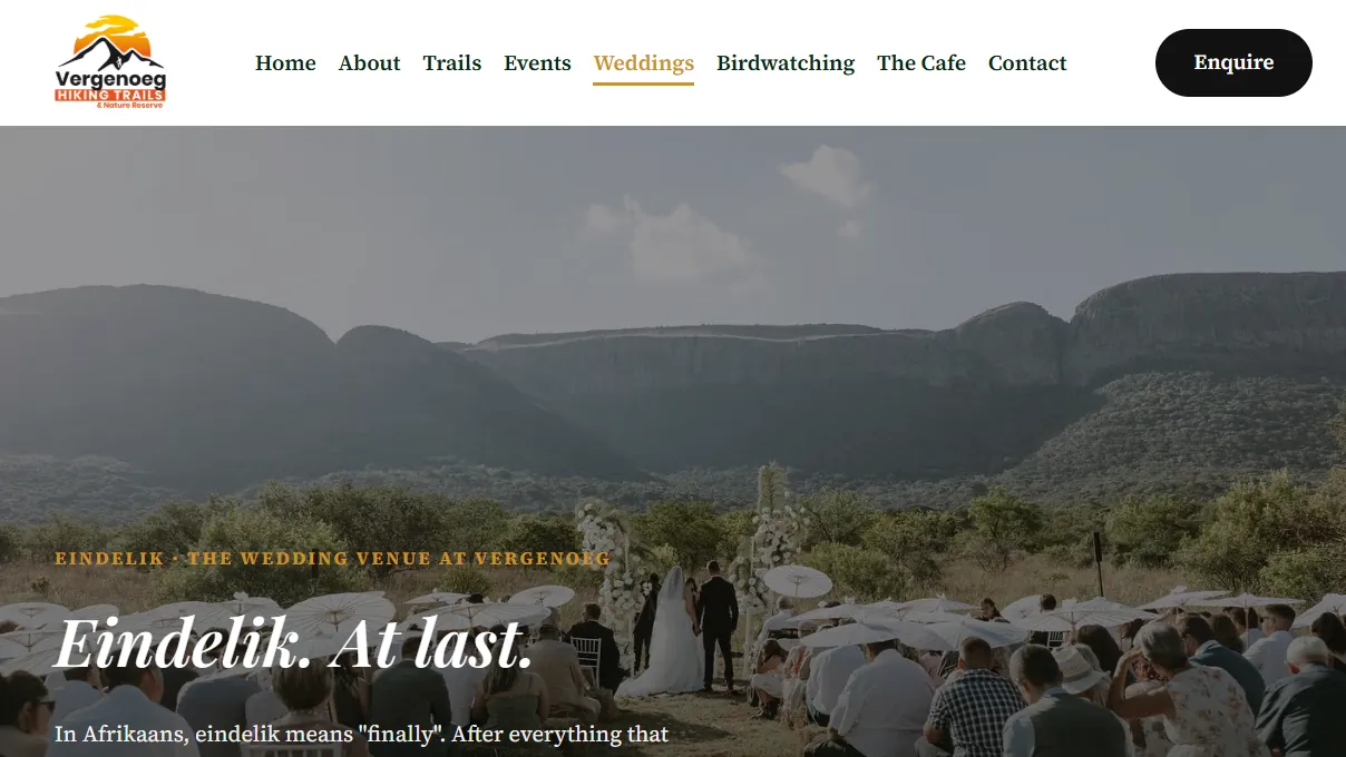 Eindelik weddings page on vergenoegreserve.com — “Eindelik. At last.” over a ceremony under the Magaliesberg
